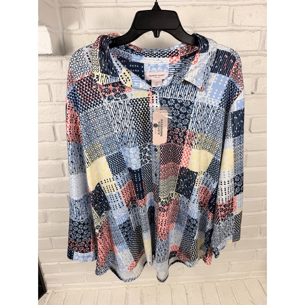 Allison Daley Woman 3X Patchwork Print Button Front Top Stretch NWT Plus
